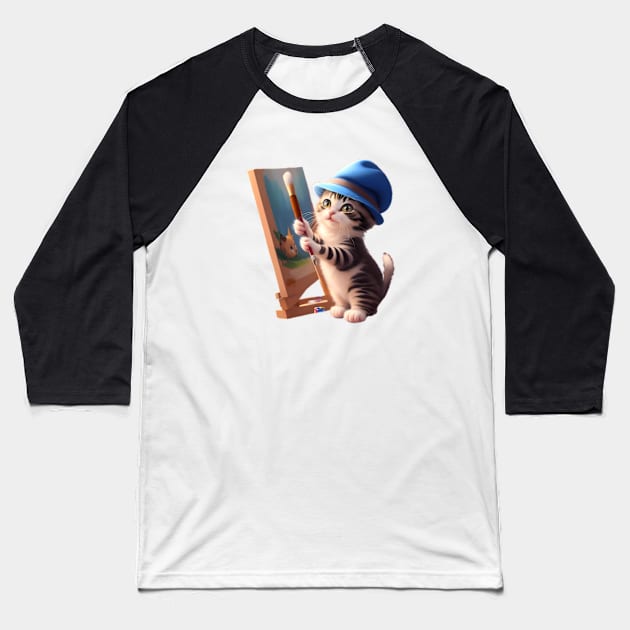 Cute Painter Cat in her Art Studio Baseball T-Shirt by BrisaArtPrints